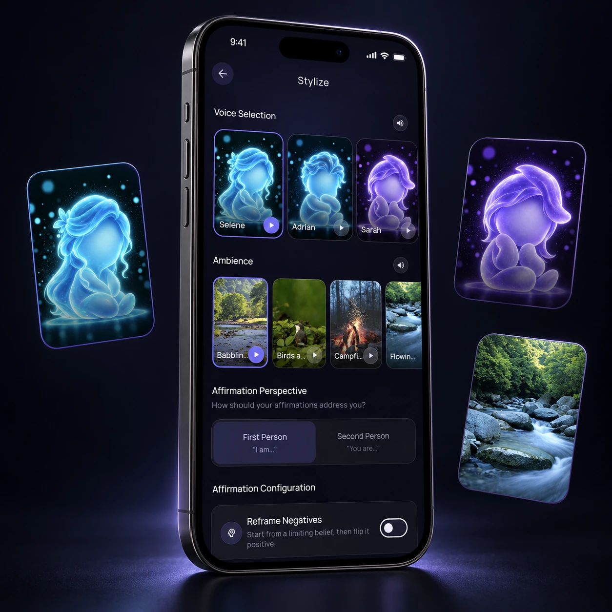 Akoh’s voice and ambience choices presented on an iPhone with floating voice portraits and a forest stream image