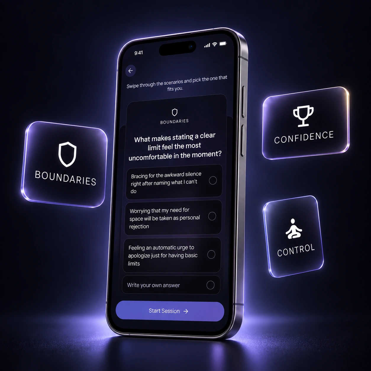 A titanium iPhone angled slightly left in a soft lavender studio glow, surrounded by distinct floating Boundaries, Confidence, and Control panes